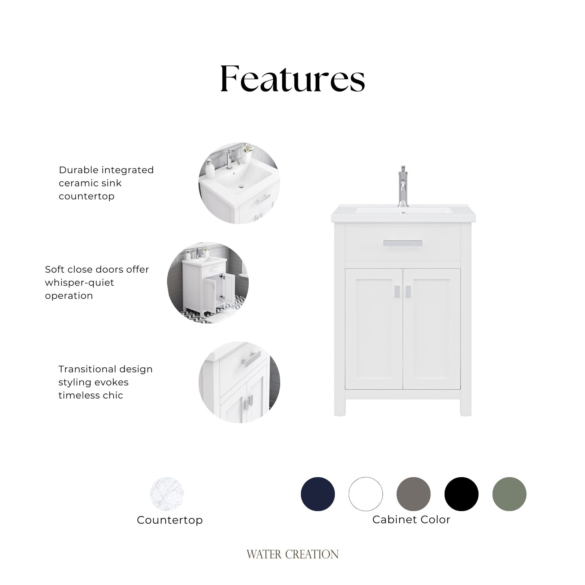 Myra Collection 24 in. Bathroom Vanity in Pure White with Ceramics Vanity Top in White - Vanity Only | Water Creation