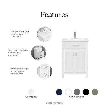 Myra Collection 24 in. Bathroom Vanity in Pure White with Ceramics Vanity Top in White - Vanity Only | Water Creation