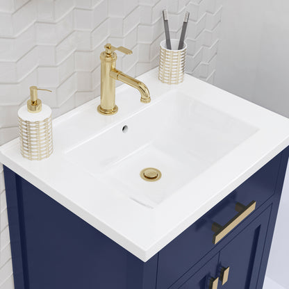Myra 24 in. W Bath Vanity in Monarch Blue Finish with Ceramics Integrated Vanity Top with White Basin | Water Creation