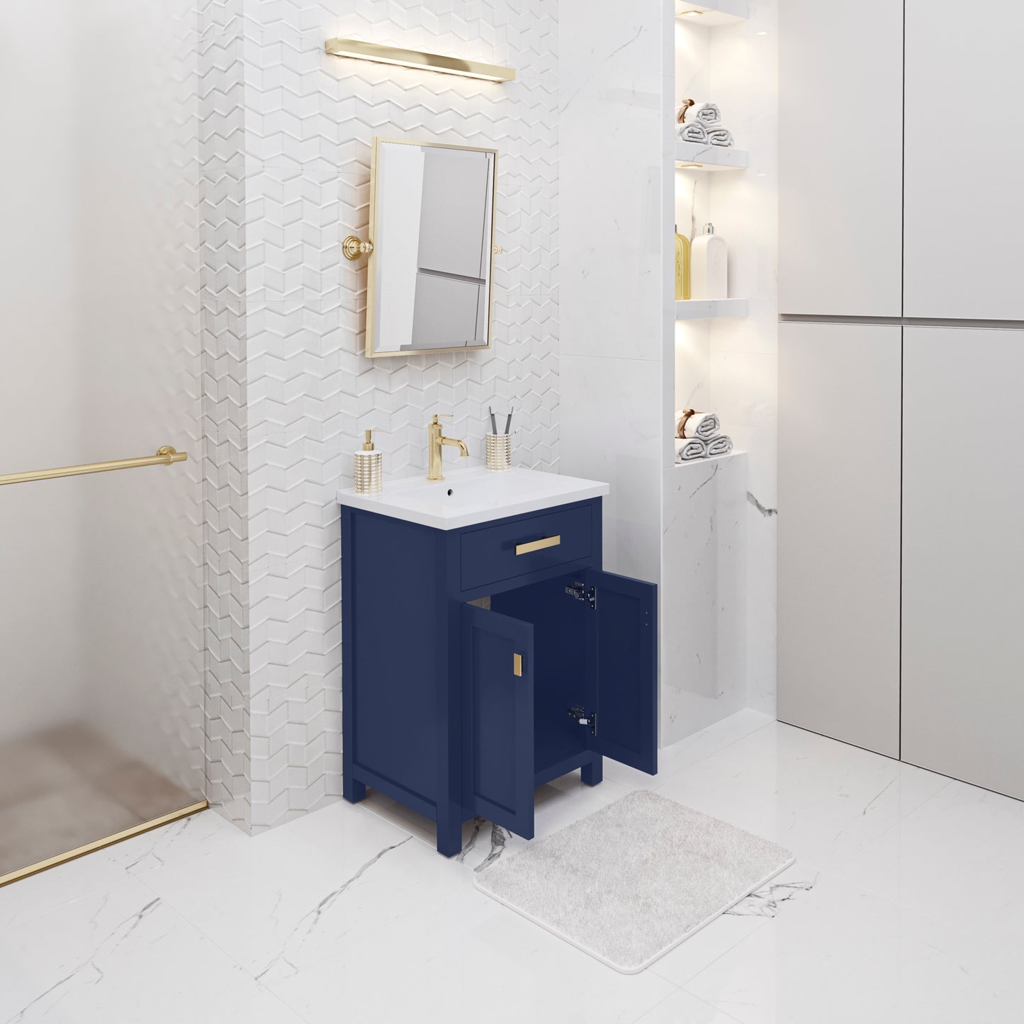 Myra 24 in. W Bath Vanity in Monarch Blue Finish with Ceramics Integrated Vanity Top with White Basin | Water Creation