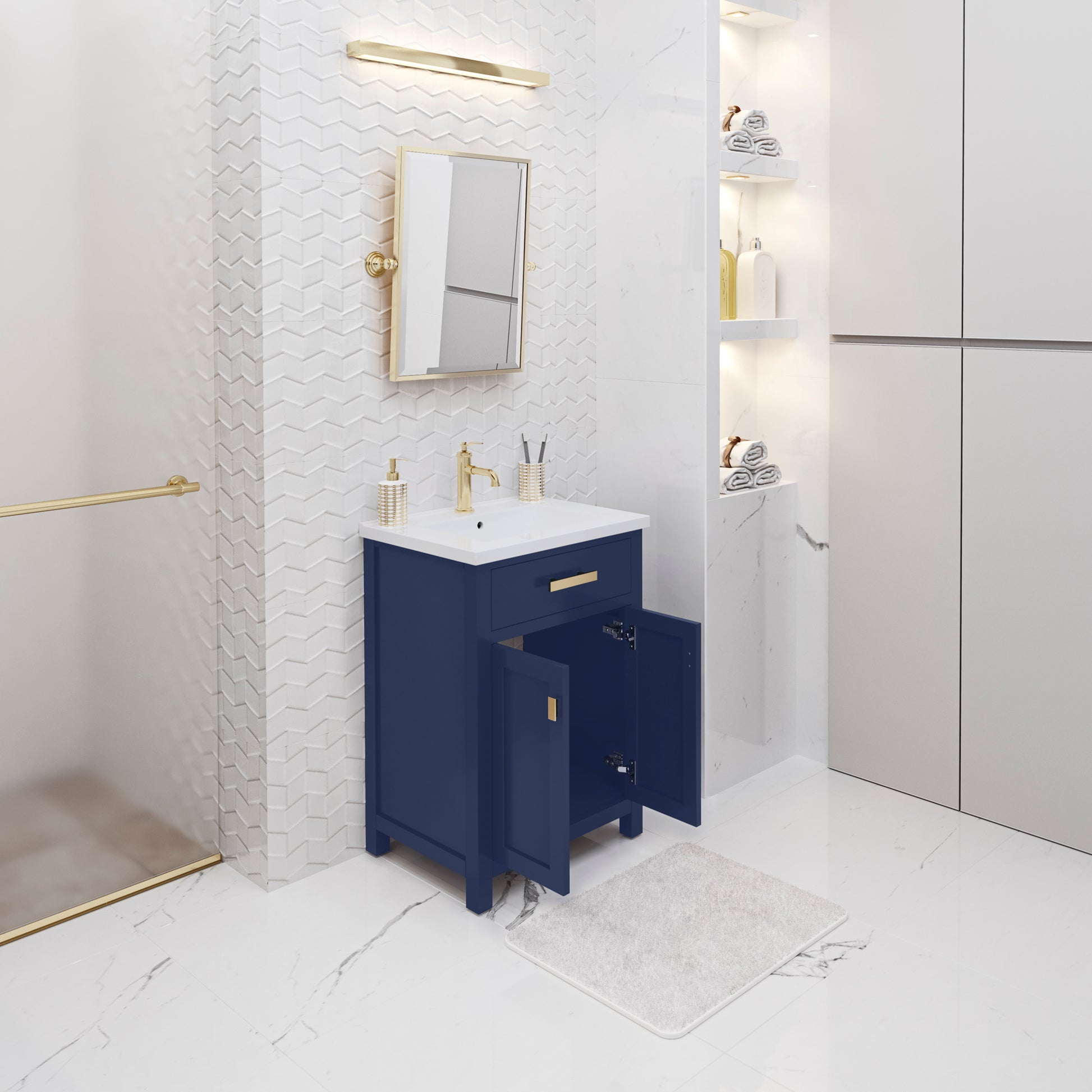 Myra 24 in. W Bath Vanity in Monarch Blue Finish with Ceramics Integrated Vanity Top with White Basin | Water Creation