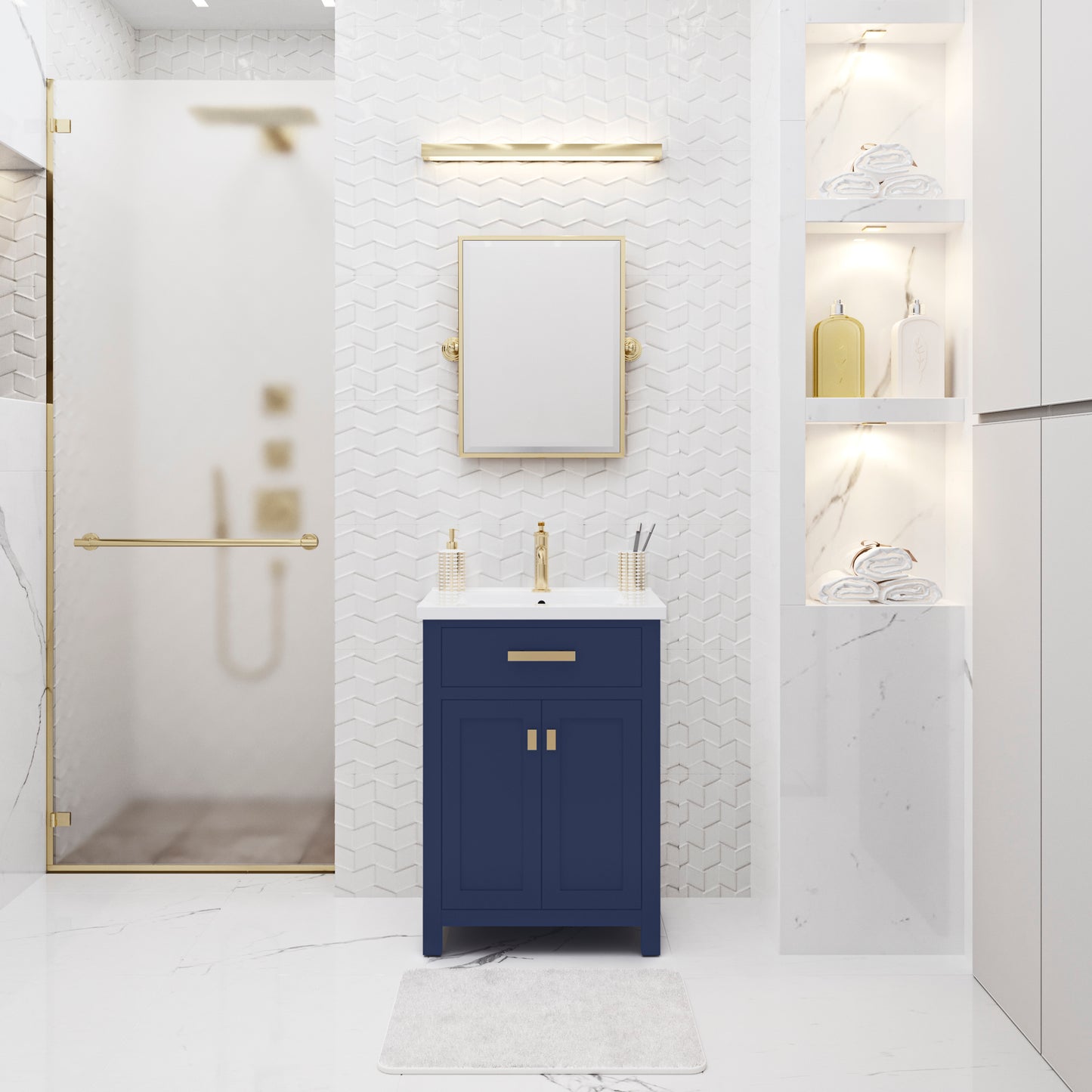 Myra 24 in. W Bath Vanity in Monarch Blue Finish with Ceramics Integrated Vanity Top with White Basin | Water Creation