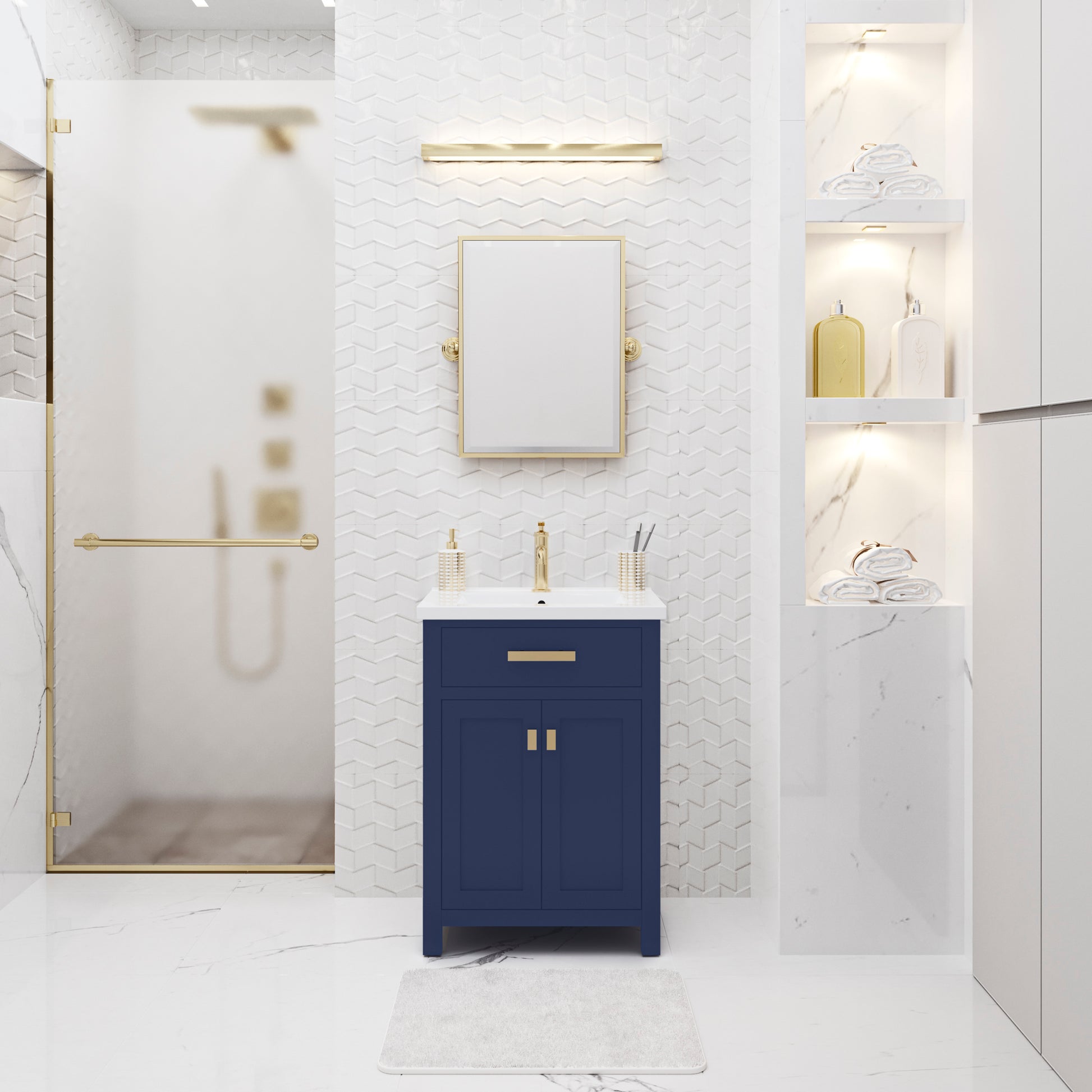 Myra 24 in. W Bath Vanity in Monarch Blue Finish with Ceramics Integrated Vanity Top with White Basin | Water Creation