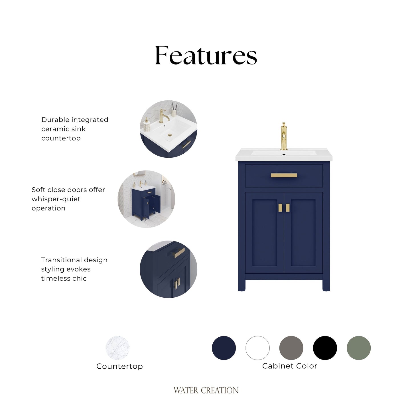 Myra 24 in. W Bath Vanity in Monarch Blue Finish with Ceramics Integrated Vanity Top with White Basin | Water Creation