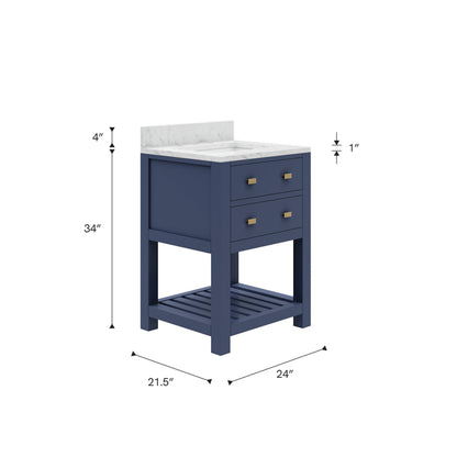 Madalyn 24 in. W Bath Vanity in Monarch Blue with Marble Vanity Top in Carrara White with White Basin(s) | Water Creation