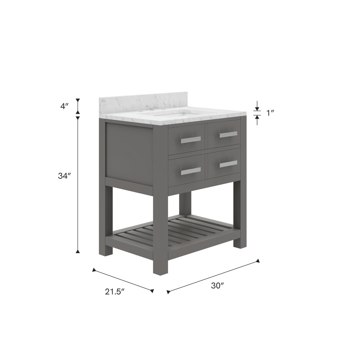 Madalyn 30 in. W x 21.5 in. D x 34 in. H Vanity in Cashmere Grey with Marble Vanity Top in Carrara White | Water Creation