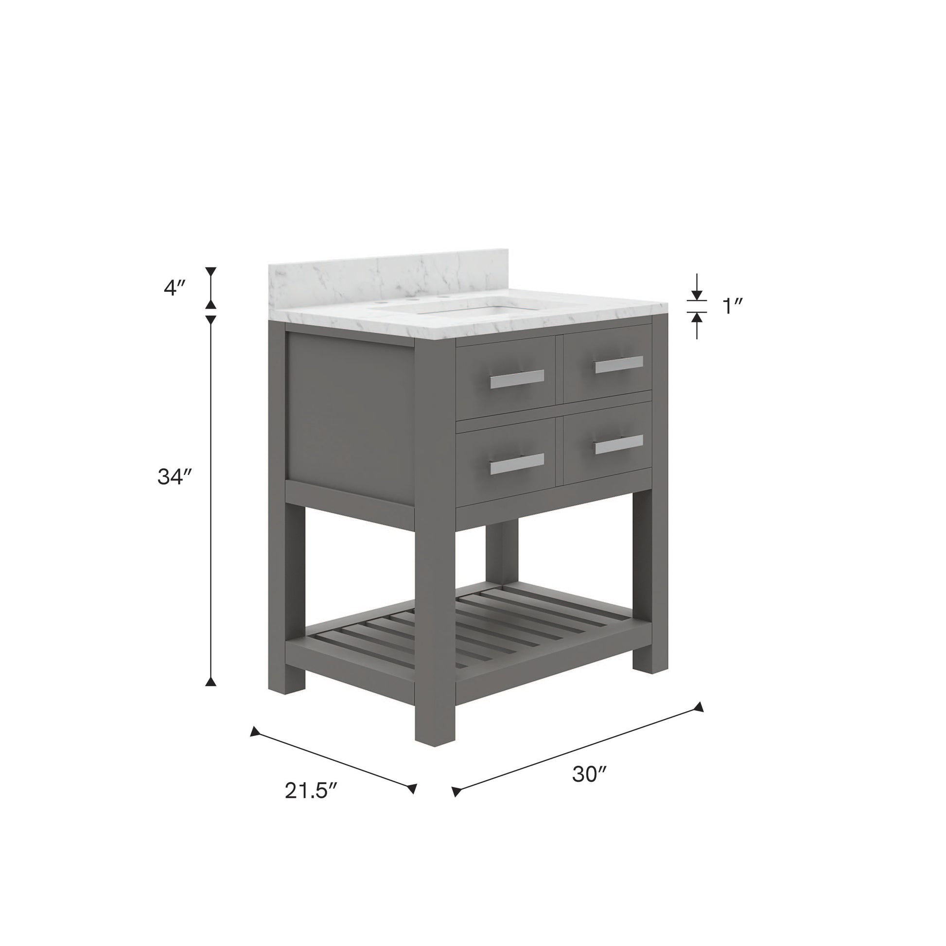 Madalyn 30 in. W x 21.5 in. D x 34 in. H Vanity in Cashmere Grey with Marble Vanity Top in Carrara White | Water Creation