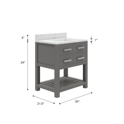 Madalyn 30 in. W x 21.5 in. D x 34 in. H Vanity in Cashmere Grey with Marble Vanity Top in Carrara White | Water Creation