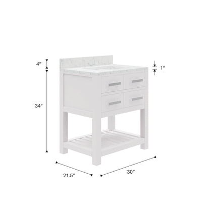 Madalyn 30 in. Vanity in Carrara White with Marble Vanity Top in Carrara White | Water Creation