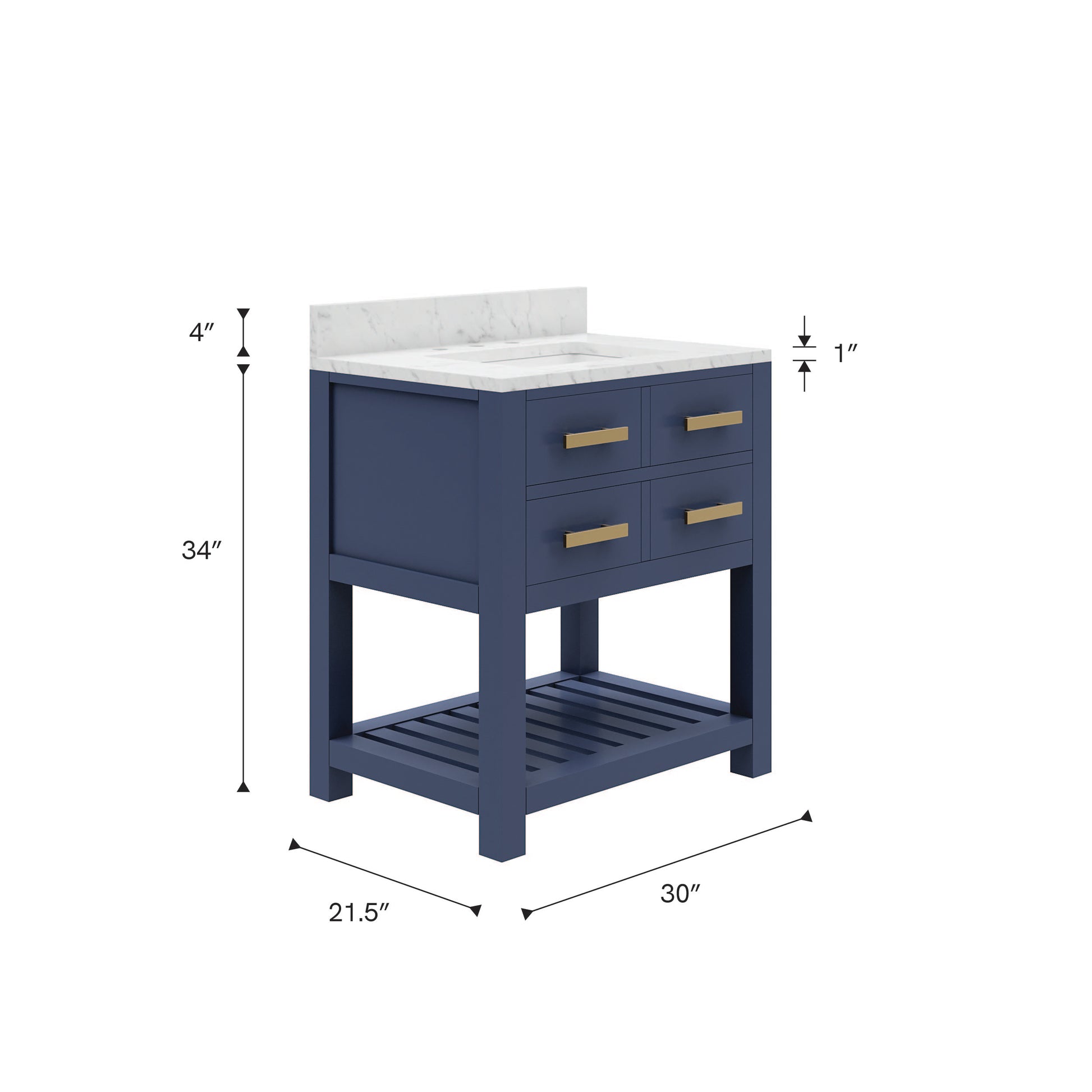 Madalyn 30 in. W Bath Vanity in Monarch Blue with Marble Vanity Top in Carrara White with White Basin(s) | Water Creation