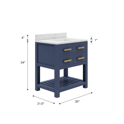 Madalyn 30 in. W Bath Vanity in Monarch Blue with Marble Vanity Top in Carrara White with White Basin(s) | Water Creation