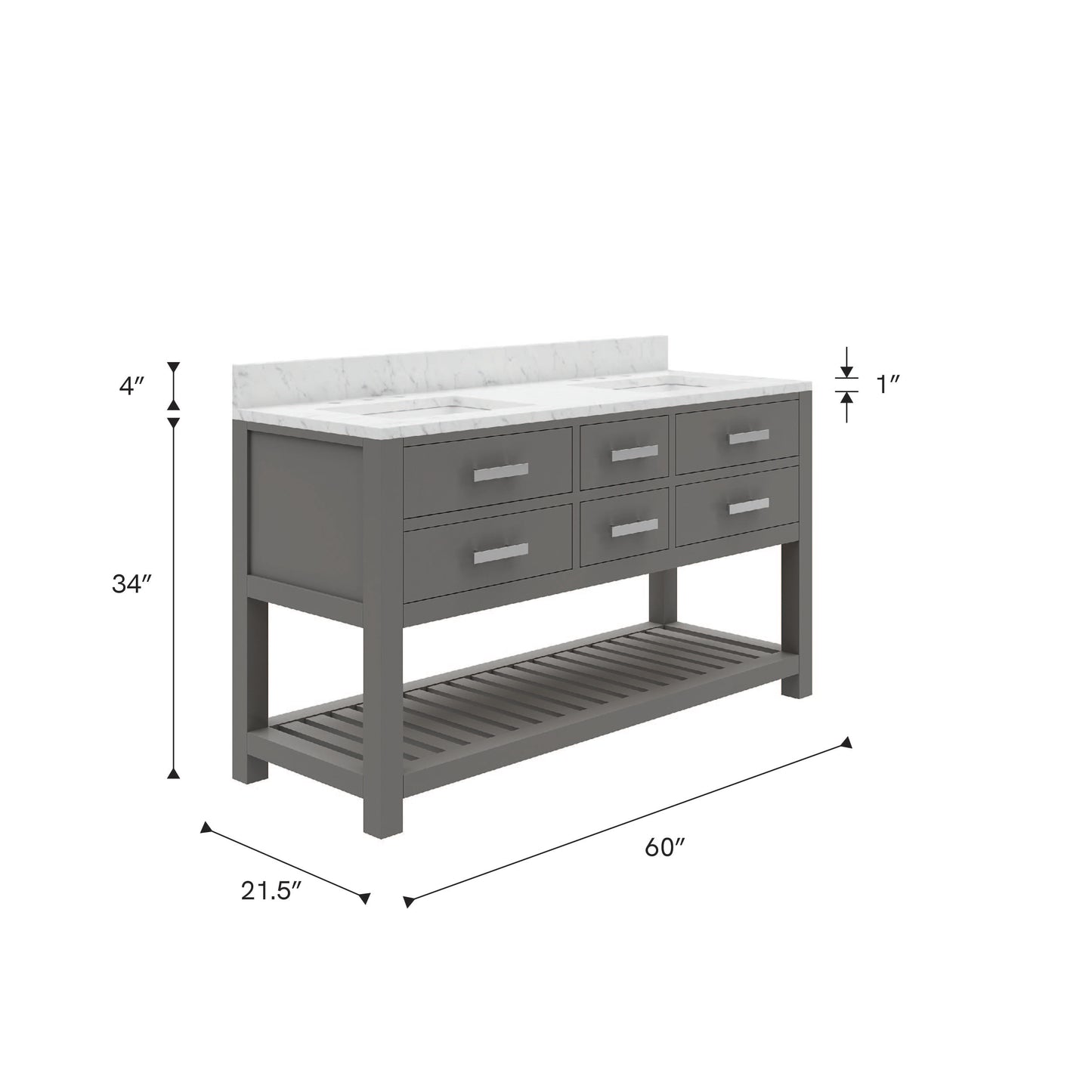 Madalyn 60 in. W x 21.5 in. D x 34 in. H Vanity in Cashmere Grey with Marble Vanity Top in Carrara White | Water Creation