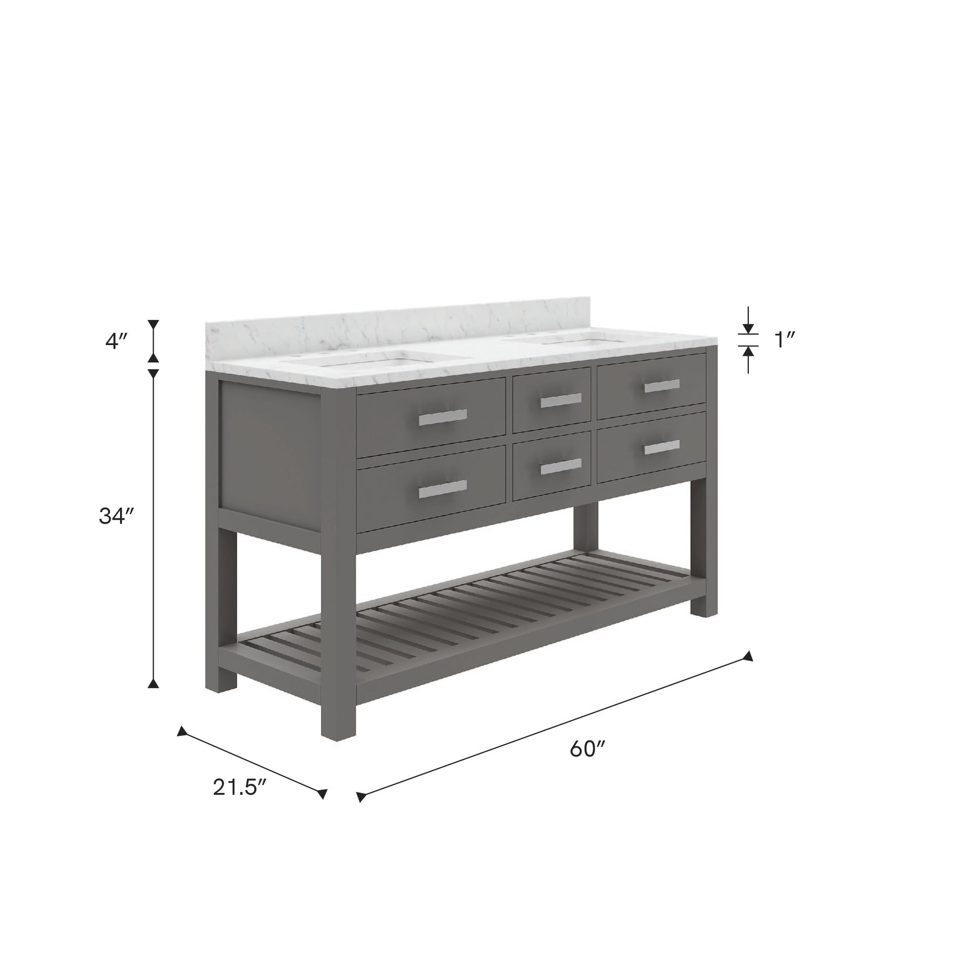 Madalyn 60 in. W x 21.5 in. D x 34 in. H Vanity in Cashmere Grey with Marble Vanity Top in Carrara White | Water Creation