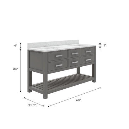 Madalyn 60 in. W x 21.5 in. D x 34 in. H Vanity in Cashmere Grey with Marble Vanity Top in Carrara White | Water Creation