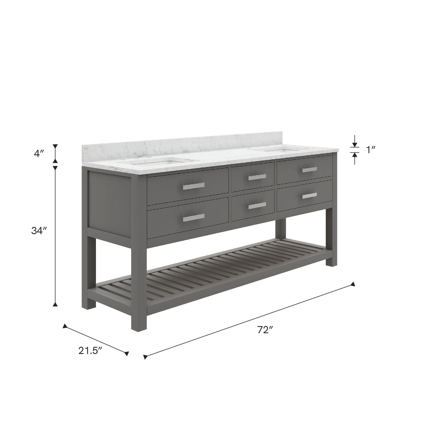 Madalyn 72 in. W x 21.5 in. D x 34 in. H Vanity in Cashmere Grey with Marble Vanity Top in Carrara White | Water Creation