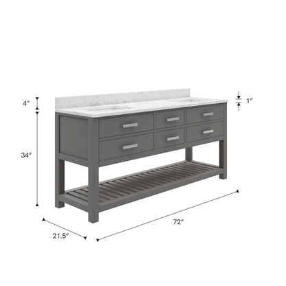 Madalyn 72 in. W x 21.5 in. D x 34 in. H Vanity in Cashmere Grey with Marble Vanity Top in Carrara White | Water Creation