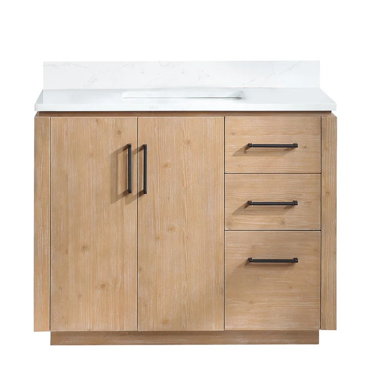 Vinnova, San 42" Free-standing Single Bath Vanity in Fir Wood Brown with White Grain Composite Stone Top