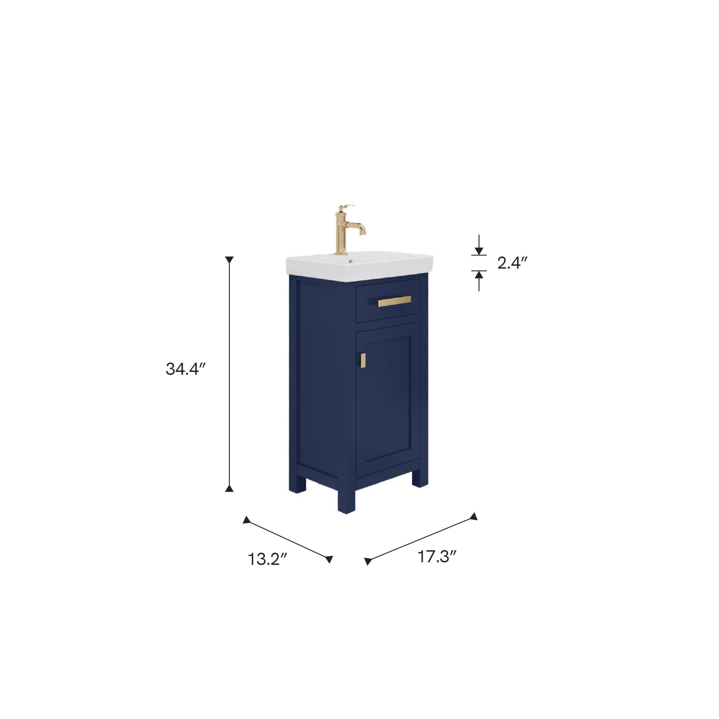 MIA 18 in. W Bath Vanity in Monarch Blue Finish with Ceramics Integrated Vanity Top with White Basin | Water Creation