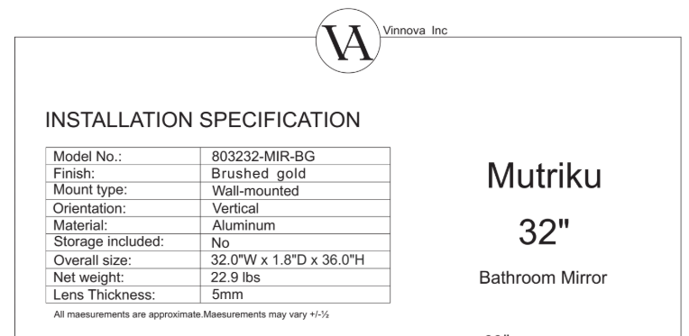 Vinnova, Mutriku 32 in. W x 36 in. H Rectangle Metal Wall Mirror in Brushed Gold