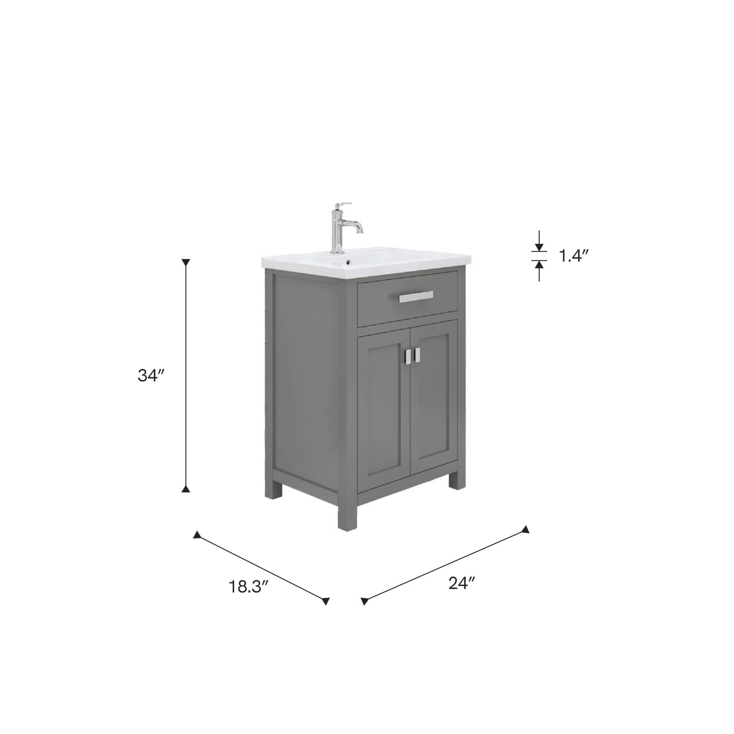 Myra 24 in. Bath Vanity in Cashmere Grey with Integrated Ceramics Vanity Top and Sink | Water Creation