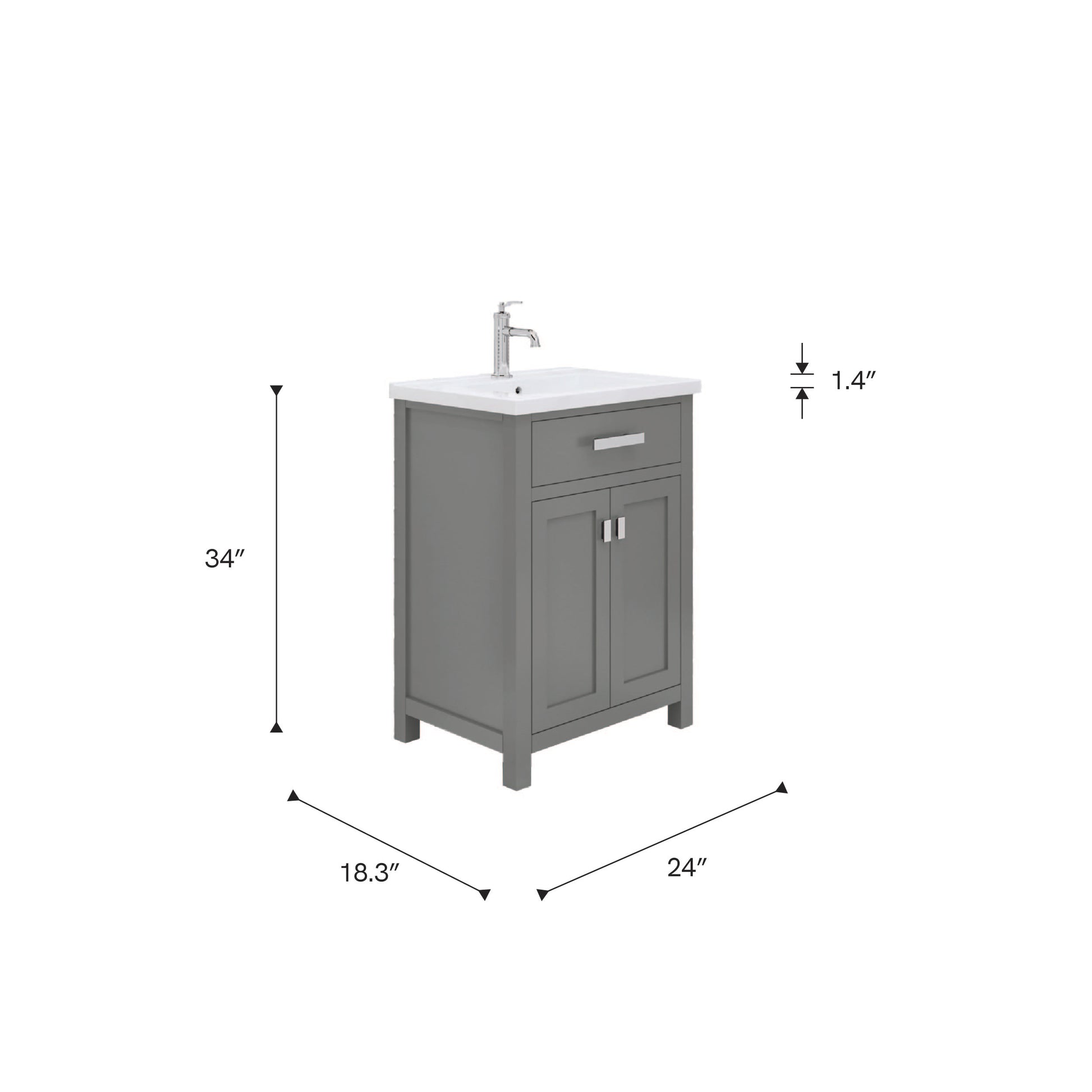 Myra 24 in. Bath Vanity in Cashmere Grey with Integrated Ceramics Vanity Top and Sink | Water Creation