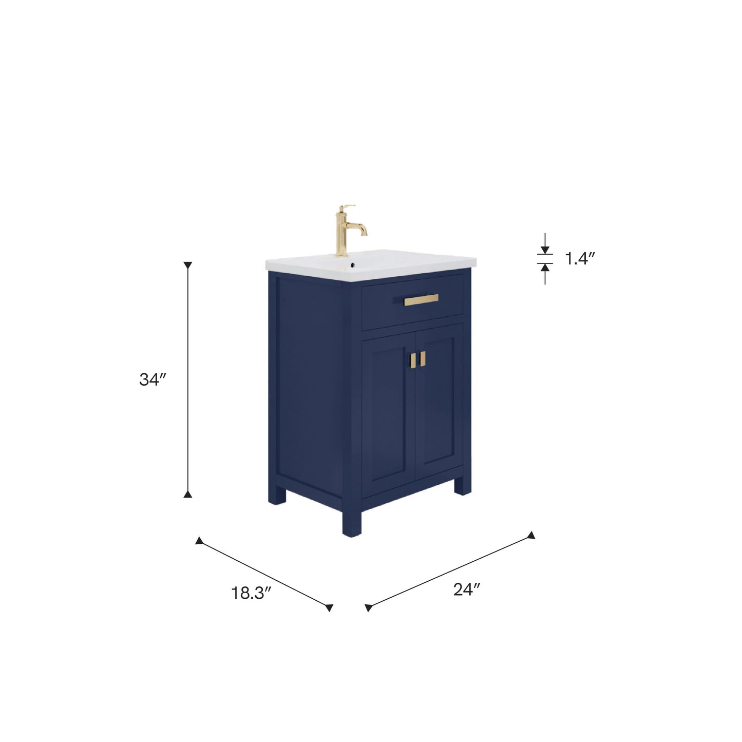 Myra 24 in. W Bath Vanity in Monarch Blue Finish with Ceramics Integrated Vanity Top with White Basin | Water Creation