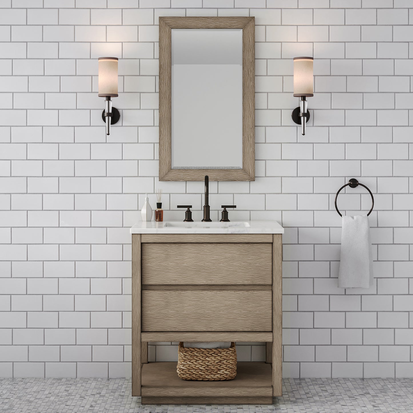 Oakman 30 in. x 34.3 in. H Bath Vanity in Grey Oak with Marble Top with White Basin | Water Creation
