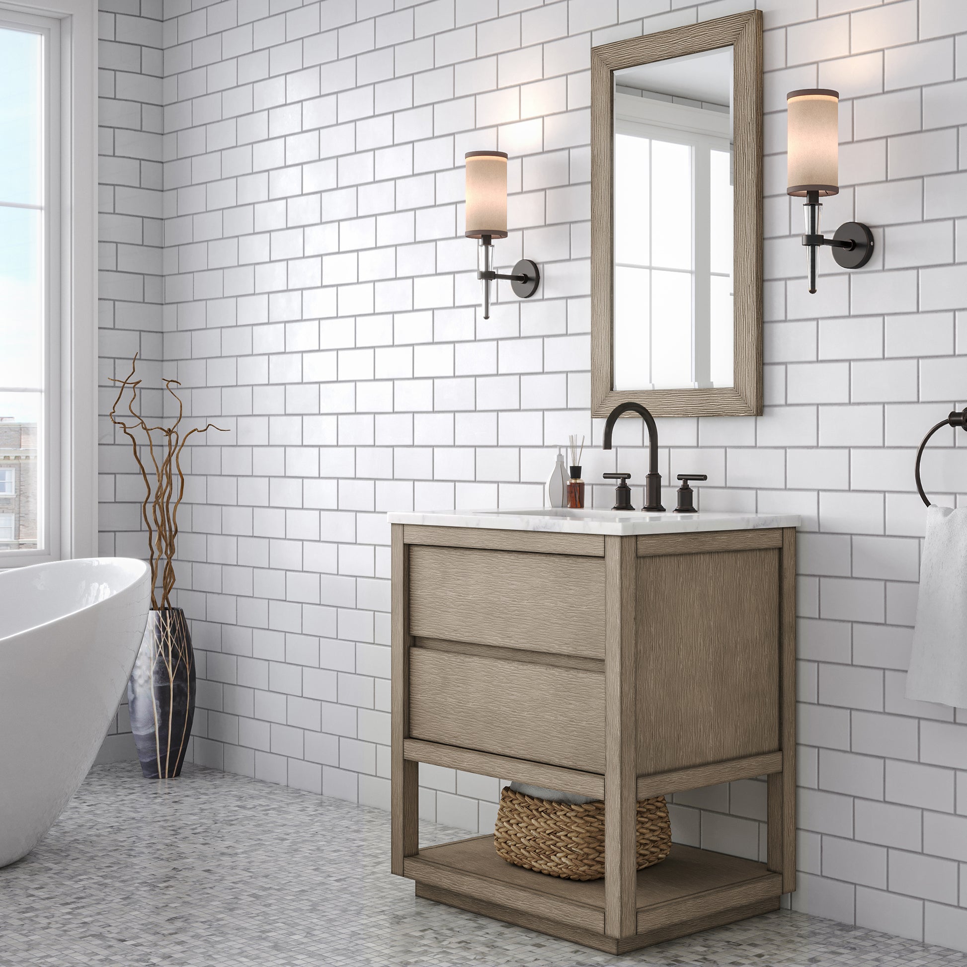 Oakman 30 in. x 34.3 in. H Bath Vanity in Grey Oak with Marble Top with White Basin | Water Creation