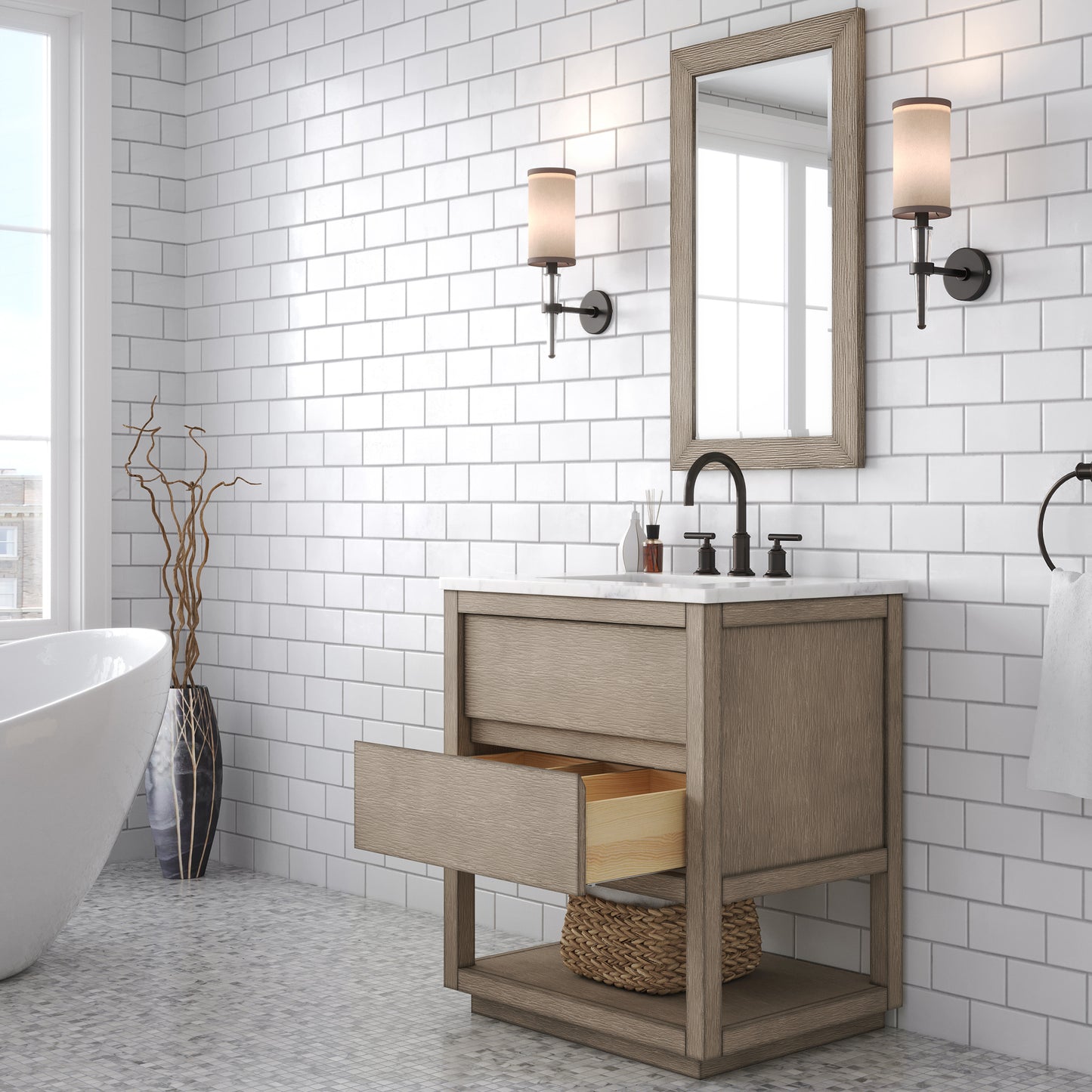 Oakman 30 in. x 34.3 in. H Bath Vanity in Grey Oak with Marble Top with White Basin | Water Creation