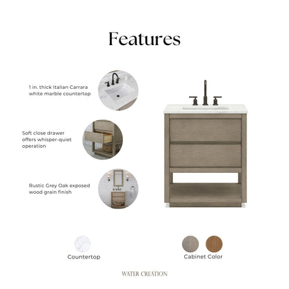Oakman 30 in. x 34.3 in. H Bath Vanity in Grey Oak with Marble Top with White Basin | Water Creation