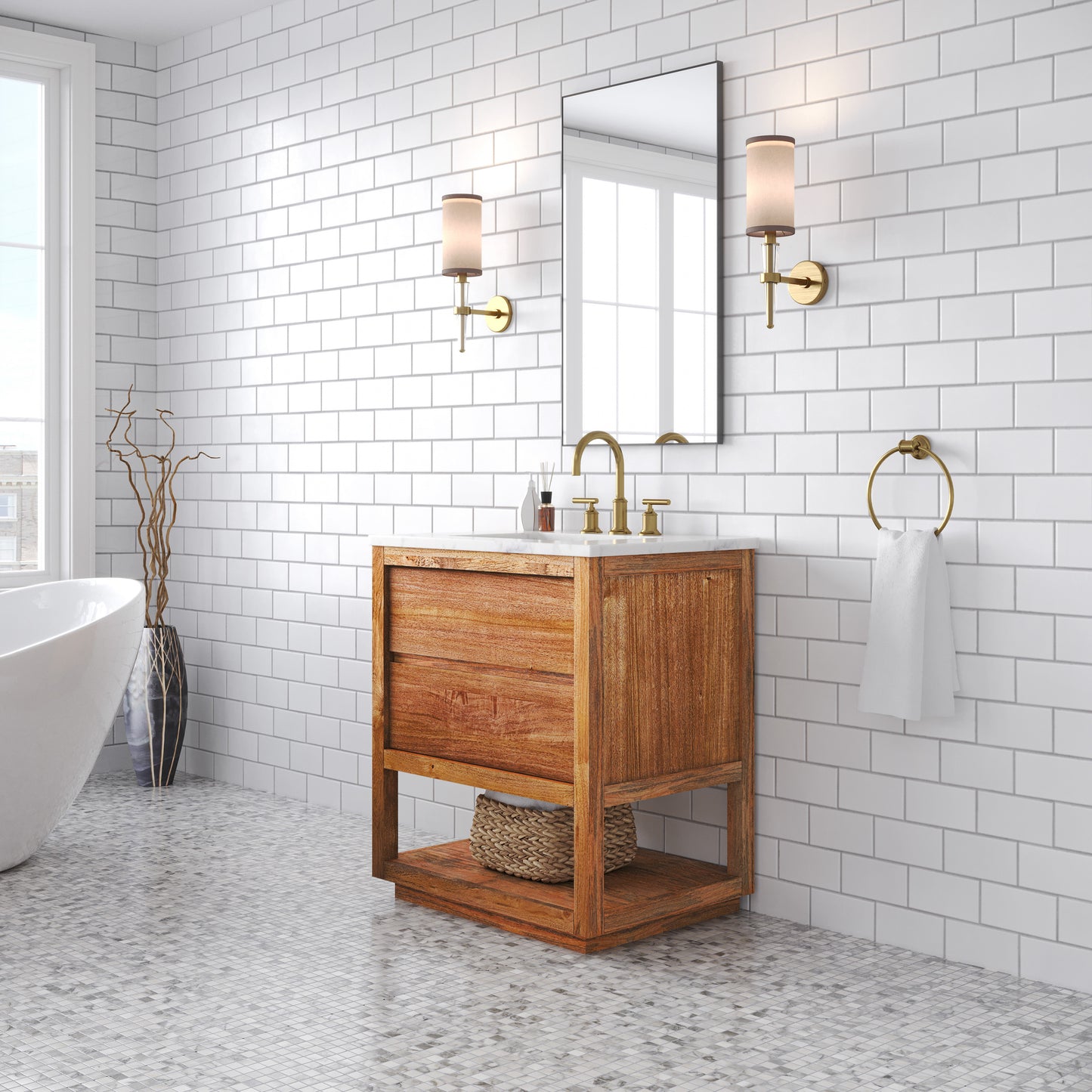 Oakman 30 in. x 34.3 in. H Single Sink Bath Vanity in Mango Wood with White Marble Top and White Basin | Water Creation