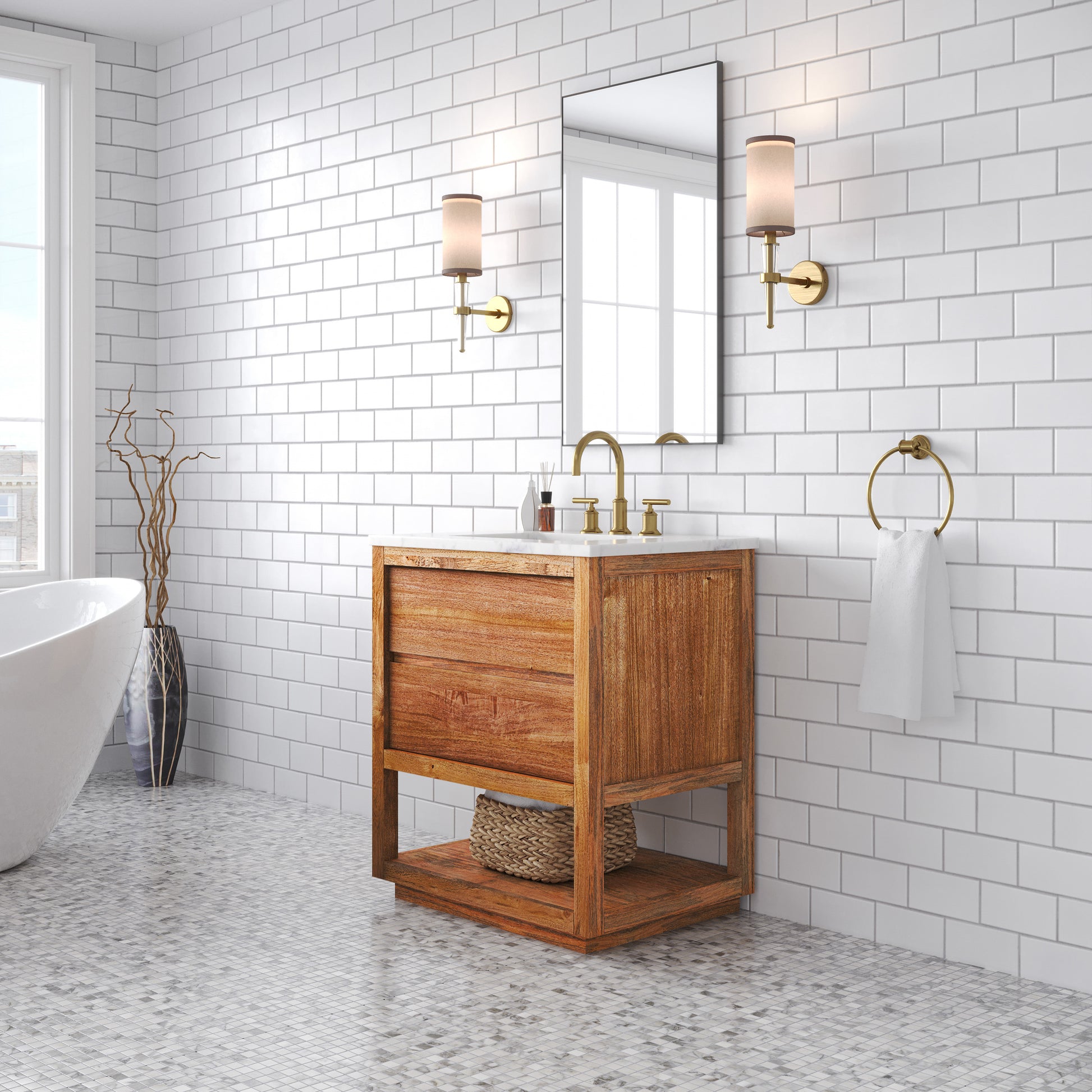 Oakman 30 in. x 34.3 in. H Single Sink Bath Vanity in Mango Wood with White Marble Top and White Basin | Water Creation
