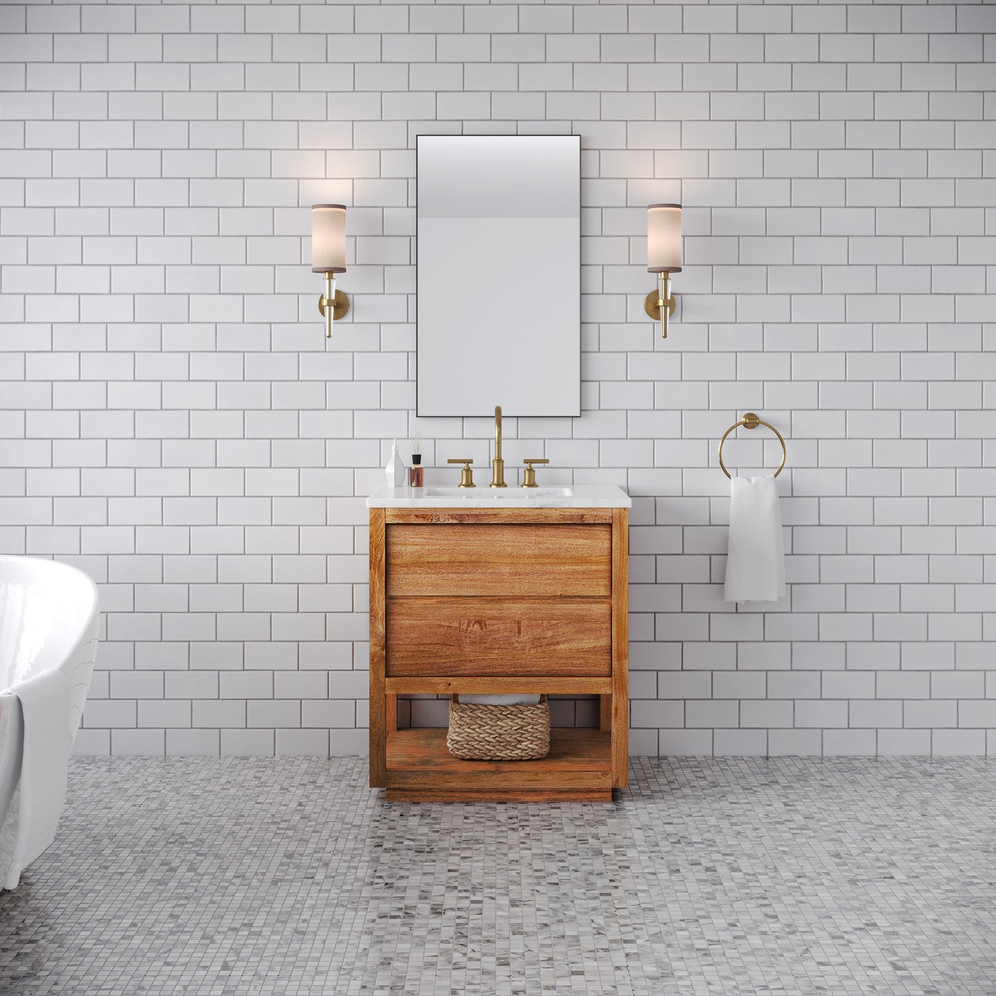 Oakman 30 in. x 34.3 in. H Single Sink Bath Vanity in Mango Wood with White Marble Top and White Basin | Water Creation