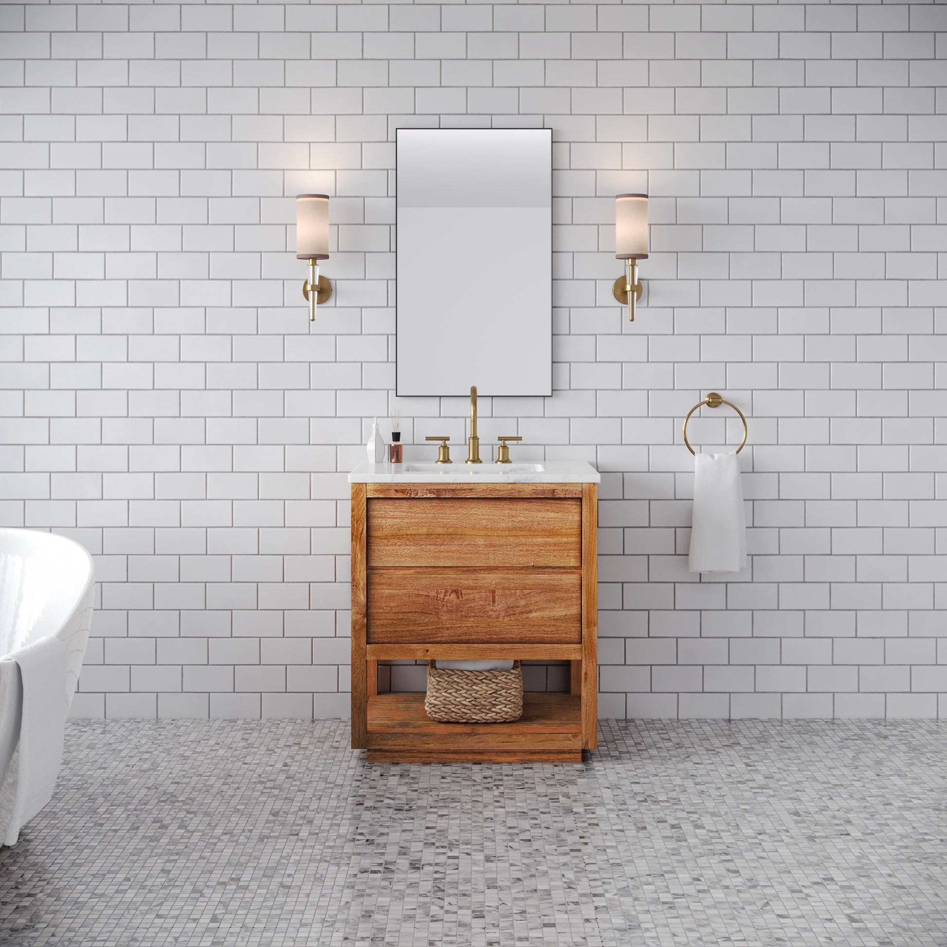 Oakman 30 in. x 34.3 in. H Single Sink Bath Vanity in Mango Wood with White Marble Top and White Basin | Water Creation