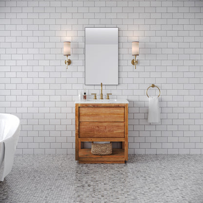 Oakman 30 in. x 34.3 in. H Single Sink Bath Vanity in Mango Wood with White Marble Top and White Basin | Water Creation