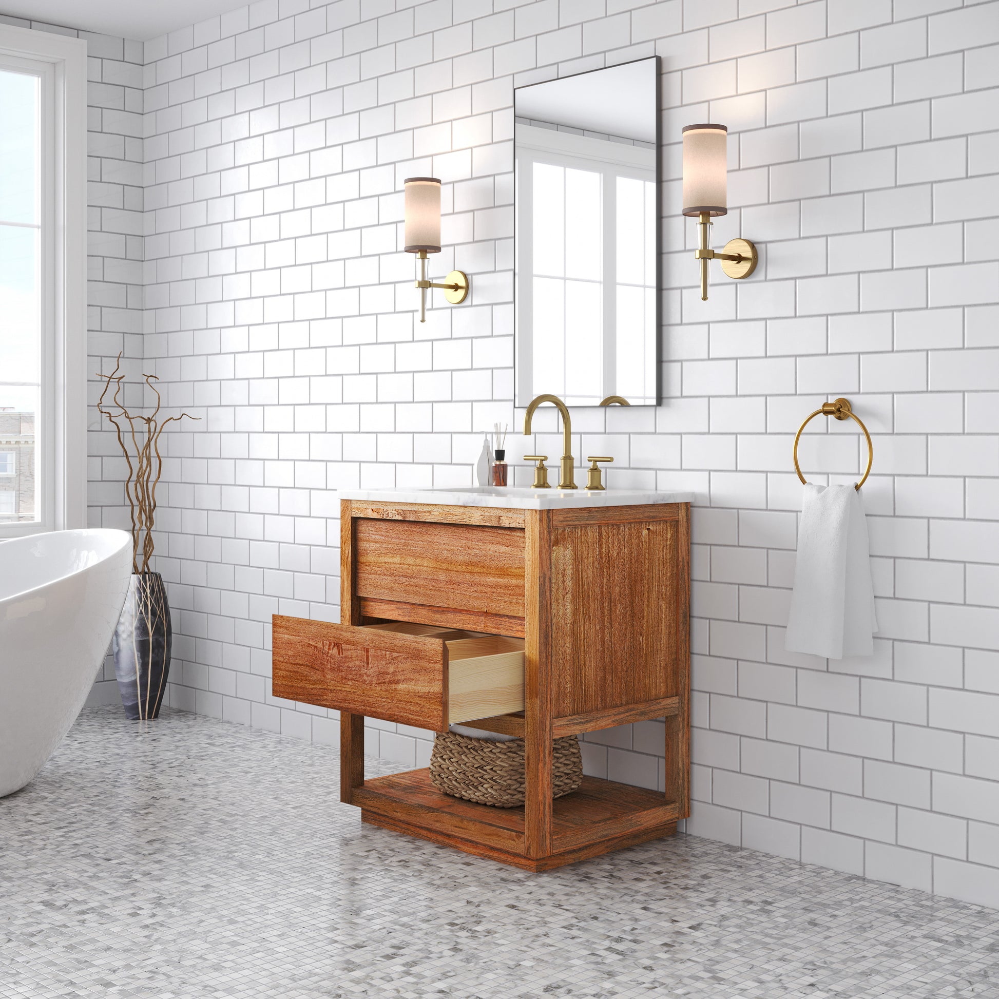 Oakman 30 in. x 34.3 in. H Single Sink Bath Vanity in Mango Wood with White Marble Top and White Basin | Water Creation
