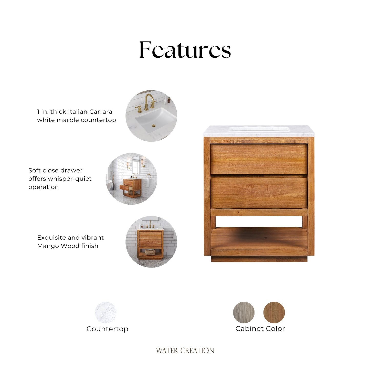Oakman 30 in. x 34.3 in. H Single Sink Bath Vanity in Mango Wood with White Marble Top and White Basin | Water Creation