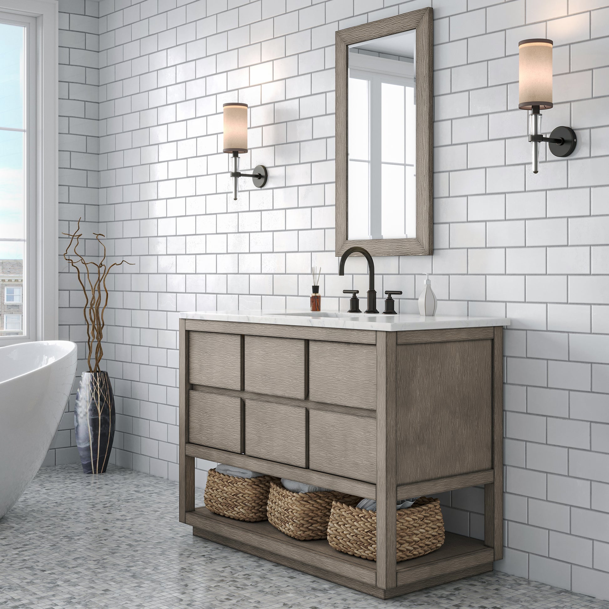 Oakman 48 in. x 34.3 in. H H Bath Vanity in Grey Oak with Marble Top with White Basin | Water Creation