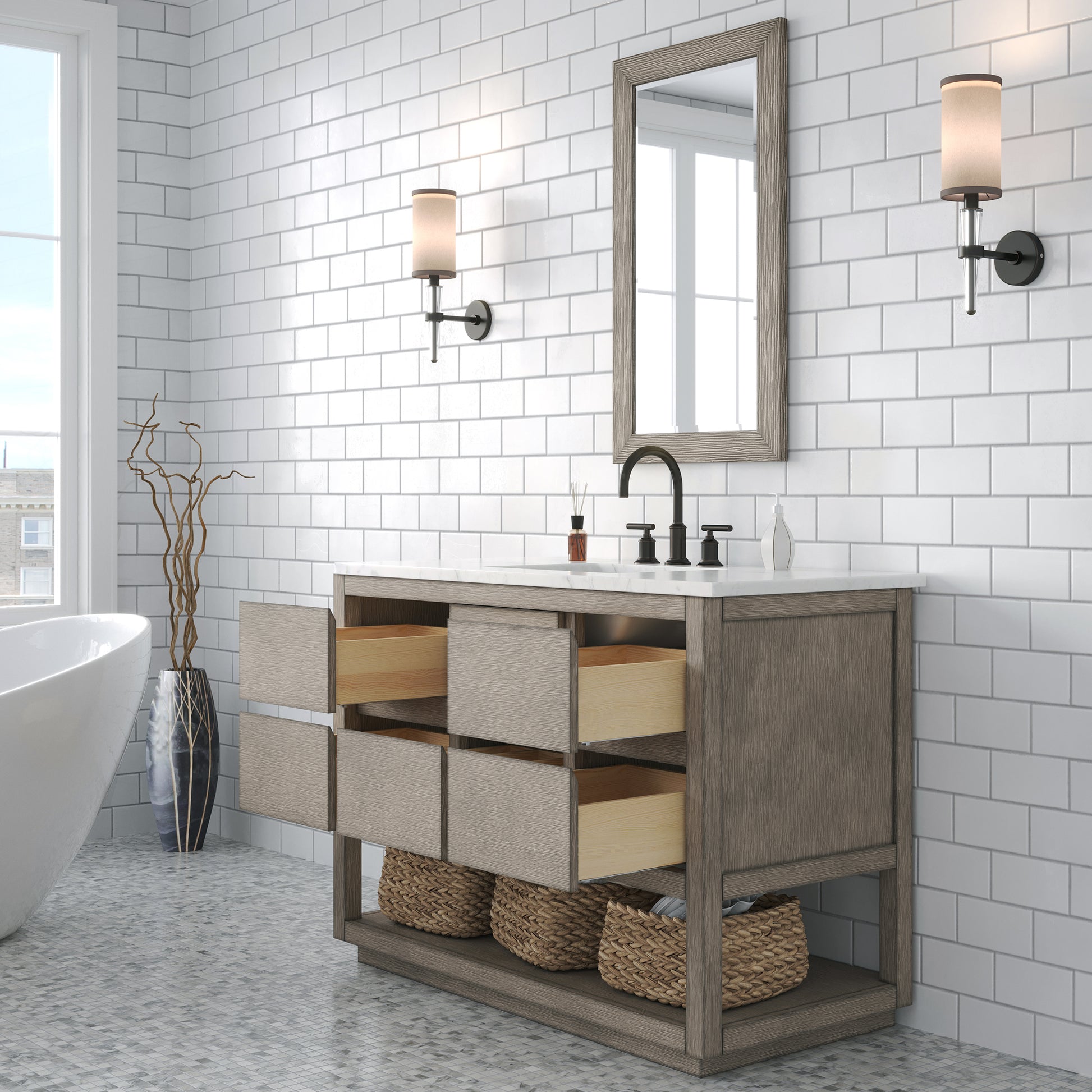 Oakman 48 in. x 34.3 in. H H Bath Vanity in Grey Oak with Marble Top with White Basin | Water Creation