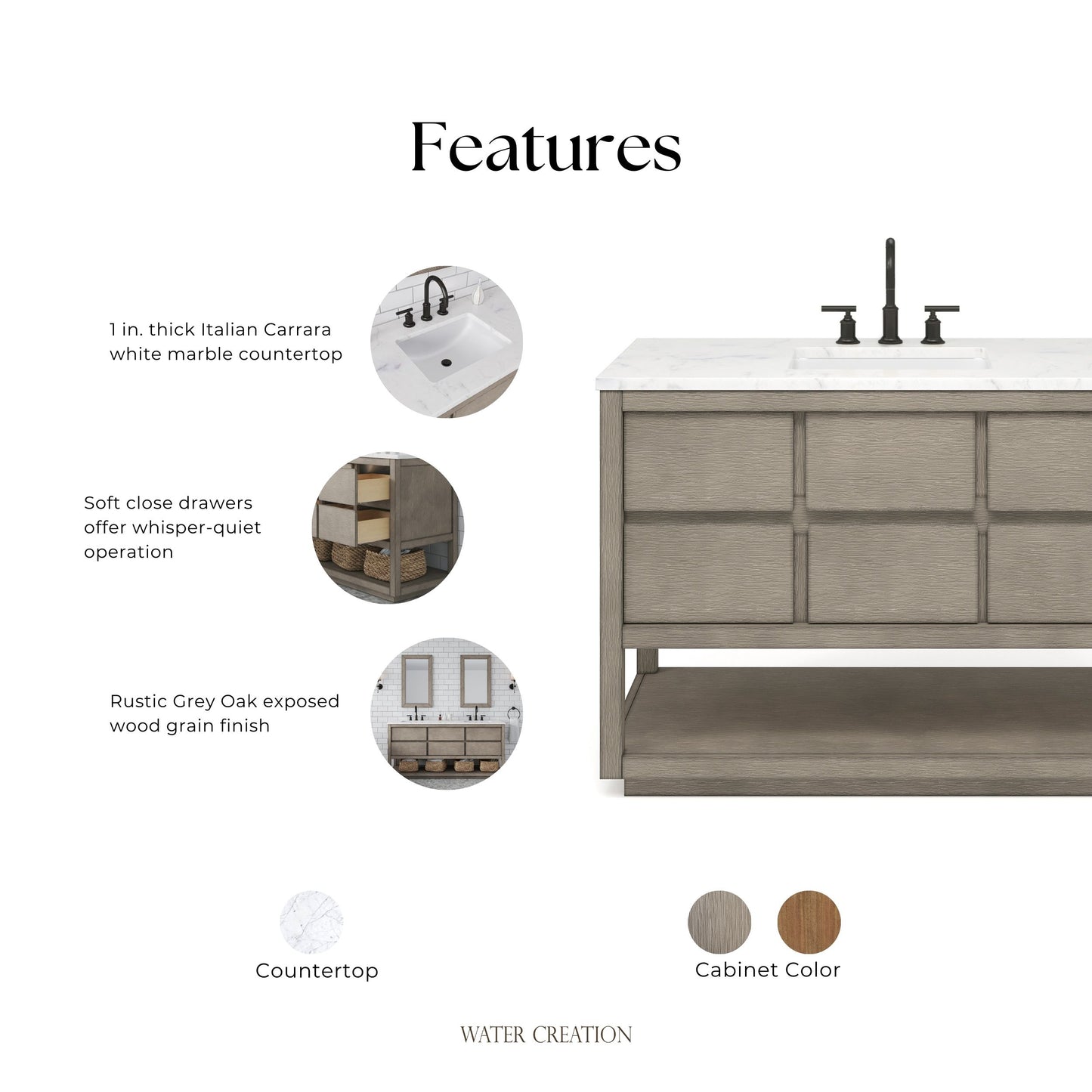 Oakman 48 in. x 34.3 in. H H Bath Vanity in Grey Oak with Marble Top with White Basin | Water Creation
