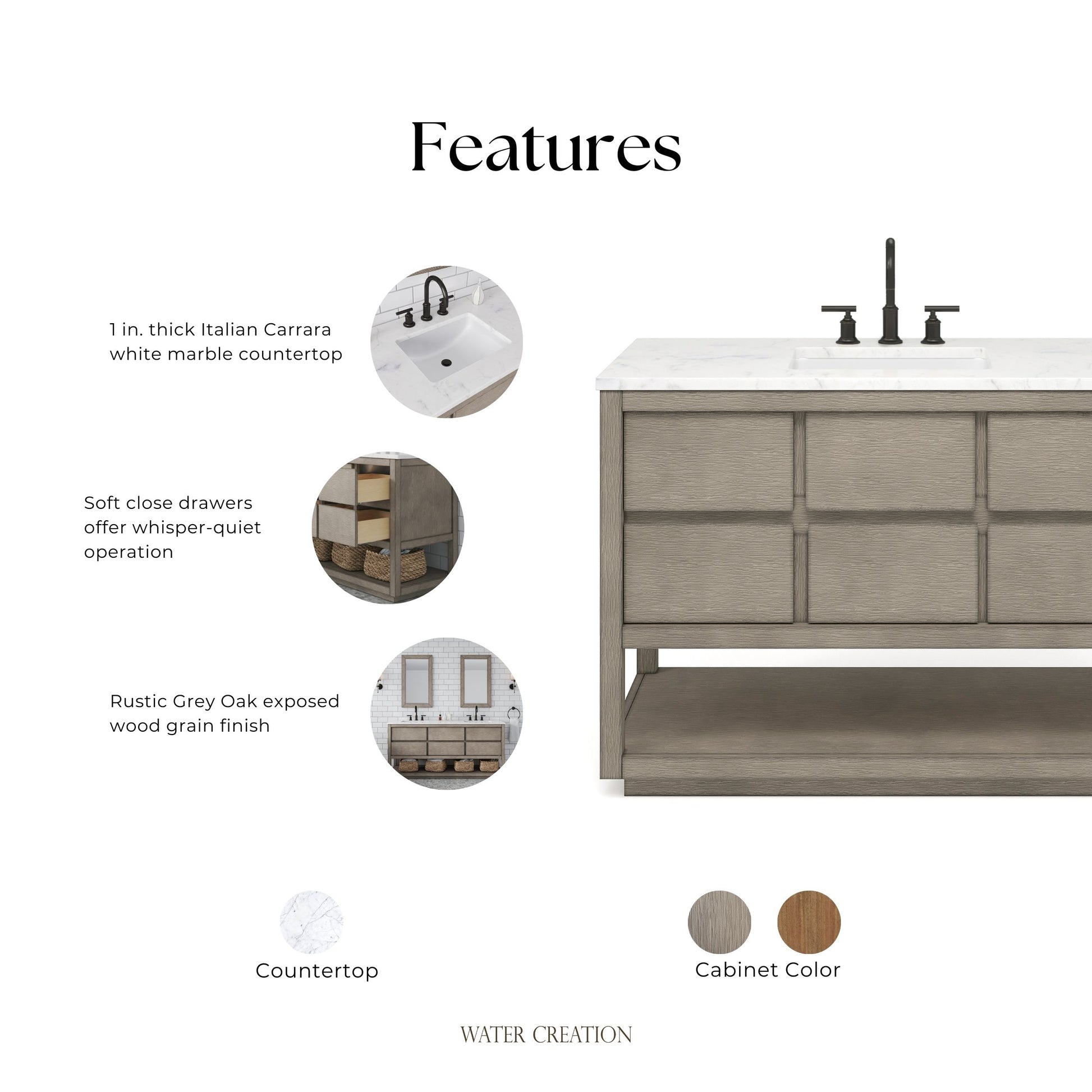 Oakman 48 in. x 34.3 in. H H Bath Vanity in Grey Oak with Marble Top with White Basin | Water Creation