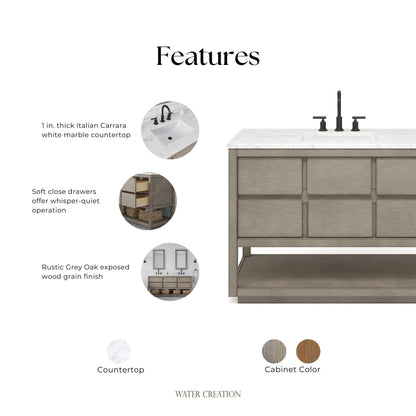 Oakman 48 in. x 34.3 in. H H Bath Vanity in Grey Oak with Marble Top with White Basin | Water Creation