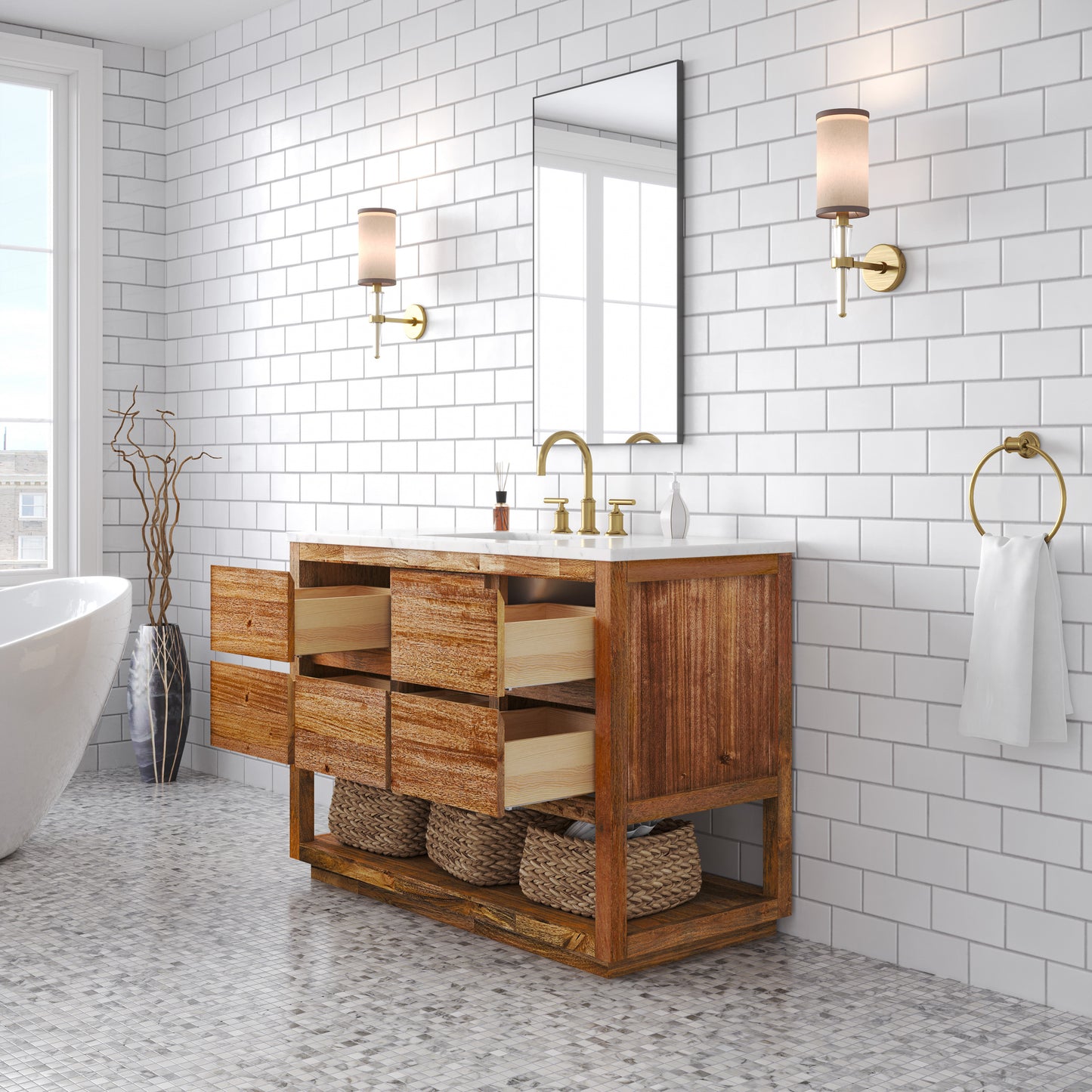 Oakman 48 in. x 34.3 in. H Single Sink Bath Vanity in Mango Wood with White Marble Top and White Basin | Water Creation