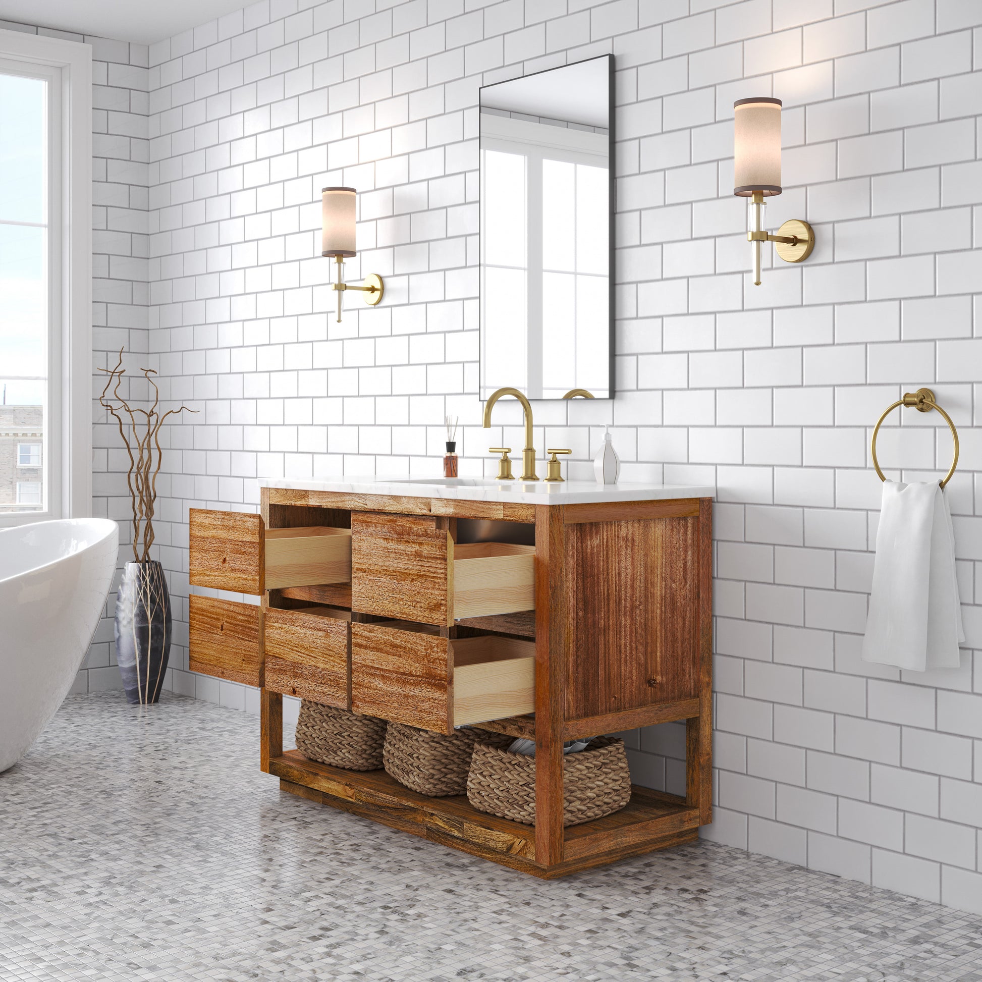 Oakman 48 in. x 34.3 in. H Single Sink Bath Vanity in Mango Wood with White Marble Top and White Basin | Water Creation