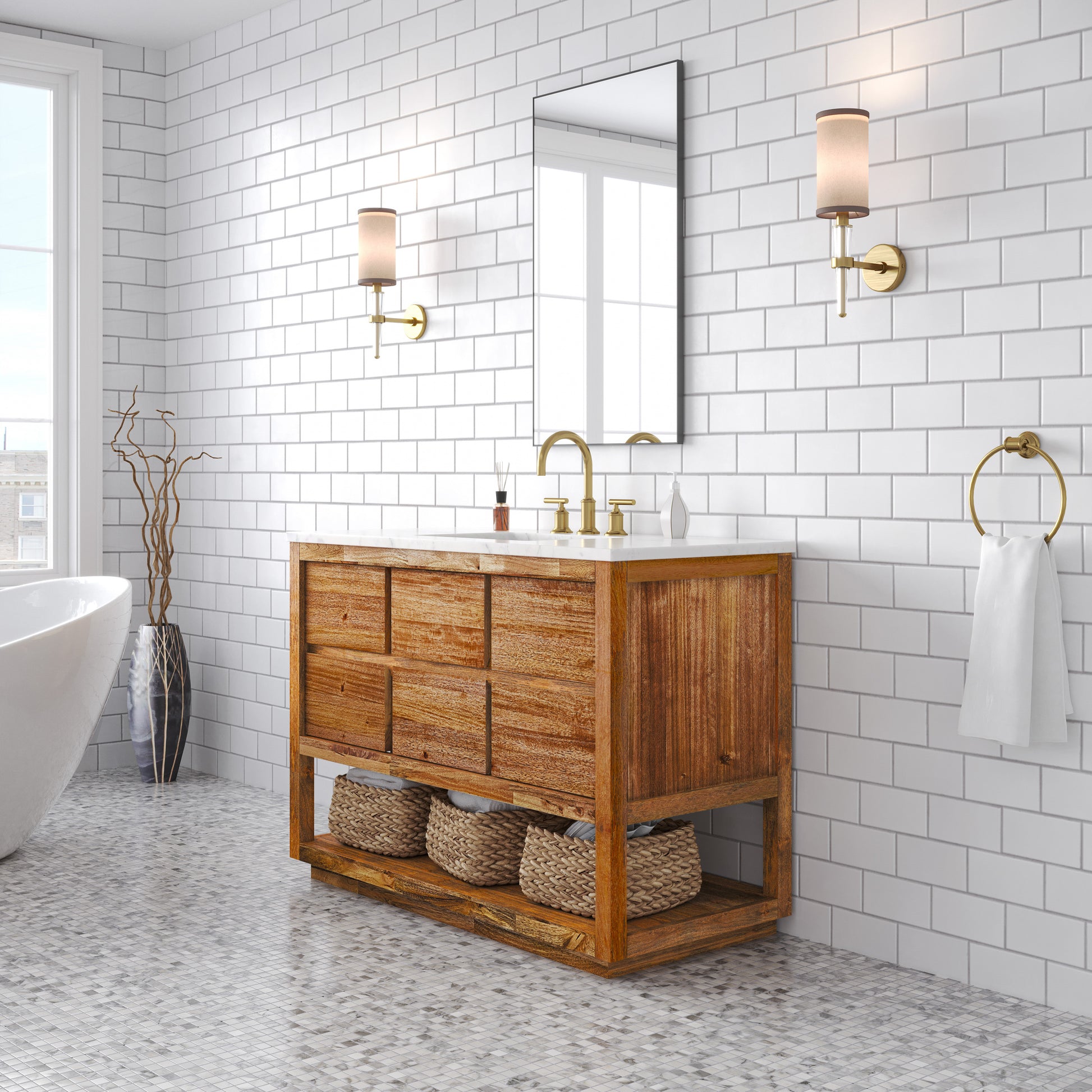 Oakman 48 in. x 34.3 in. H Single Sink Bath Vanity in Mango Wood with White Marble Top and White Basin | Water Creation