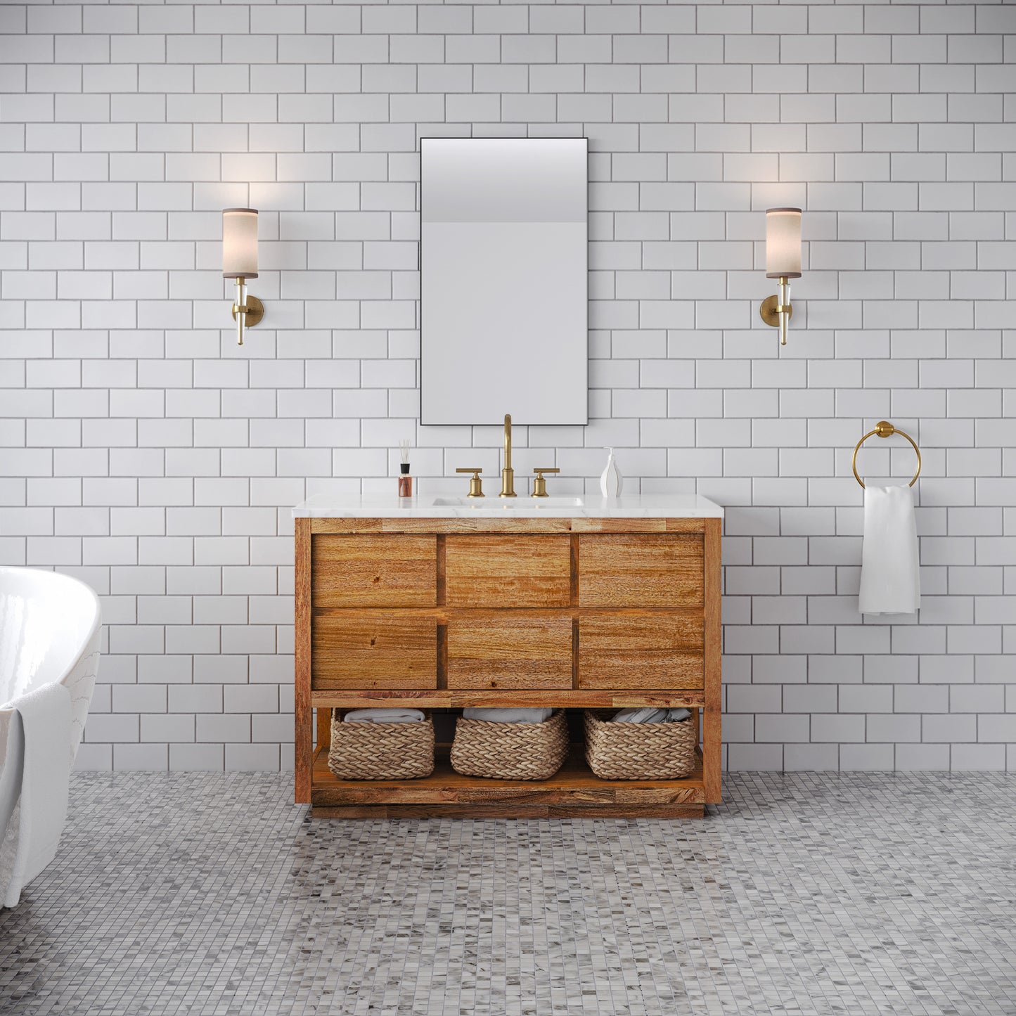 Oakman 48 in. x 34.3 in. H Single Sink Bath Vanity in Mango Wood with White Marble Top and White Basin | Water Creation