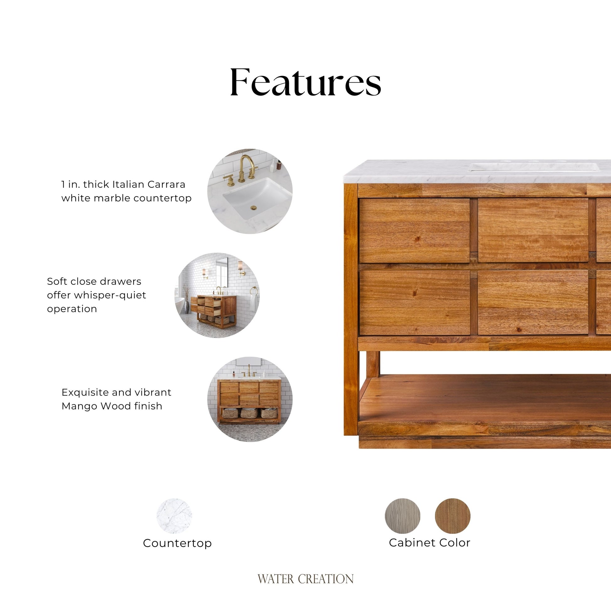 Oakman 48 in. x 34.3 in. H Single Sink Bath Vanity in Mango Wood with White Marble Top and White Basin | Water Creation