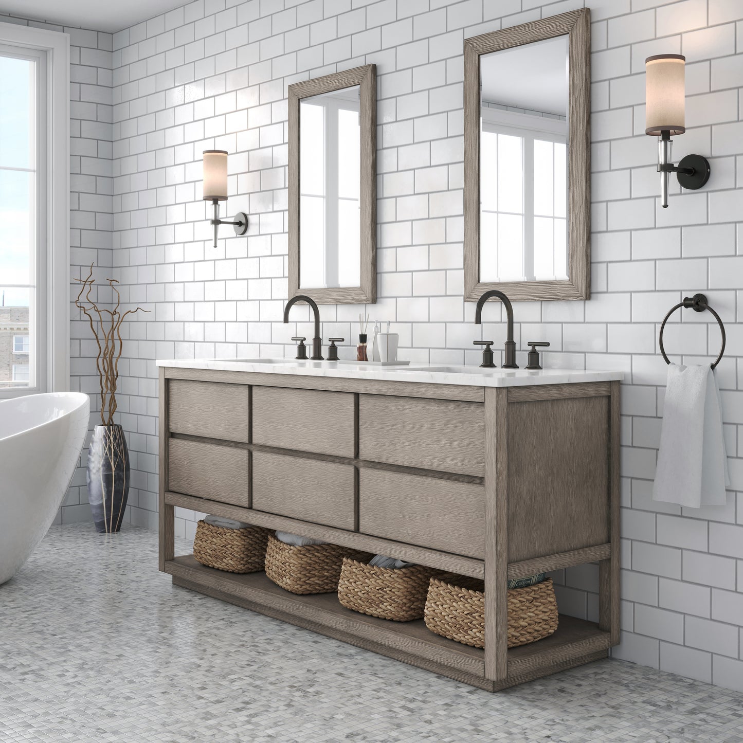 Oakman 72 in. x34.3 in. H Bath Vanity in Grey Oak with Marble Top with White Basin | Water Creation