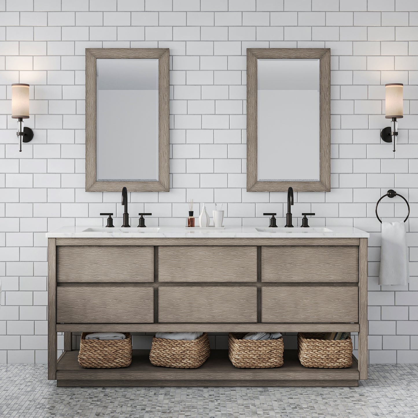 Oakman 72 in. x34.3 in. H Bath Vanity in Grey Oak with Marble Top with White Basin | Water Creation