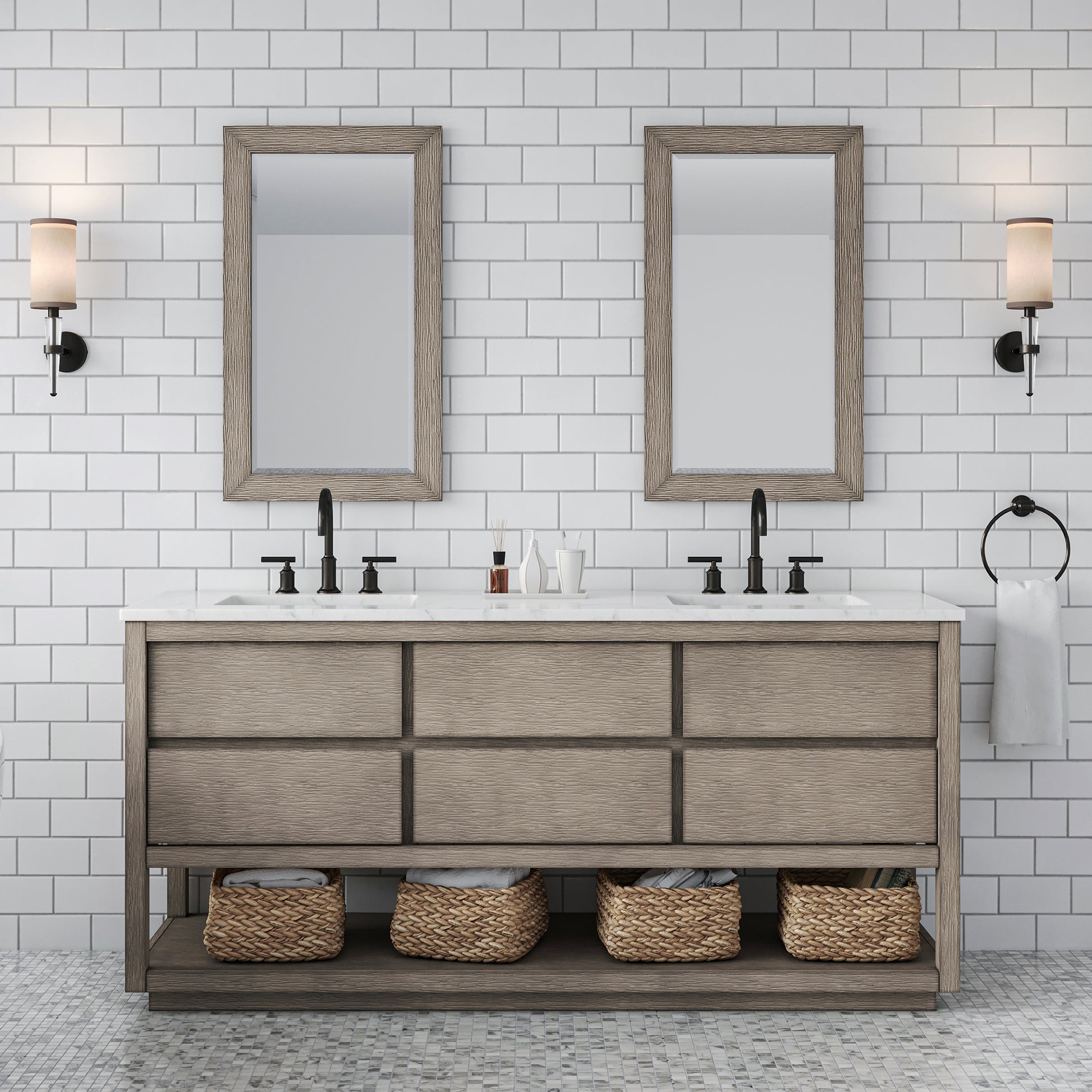 Oakman 72 in. x34.3 in. H Bath Vanity in Grey Oak with Marble Top with White Basin | Water Creation
